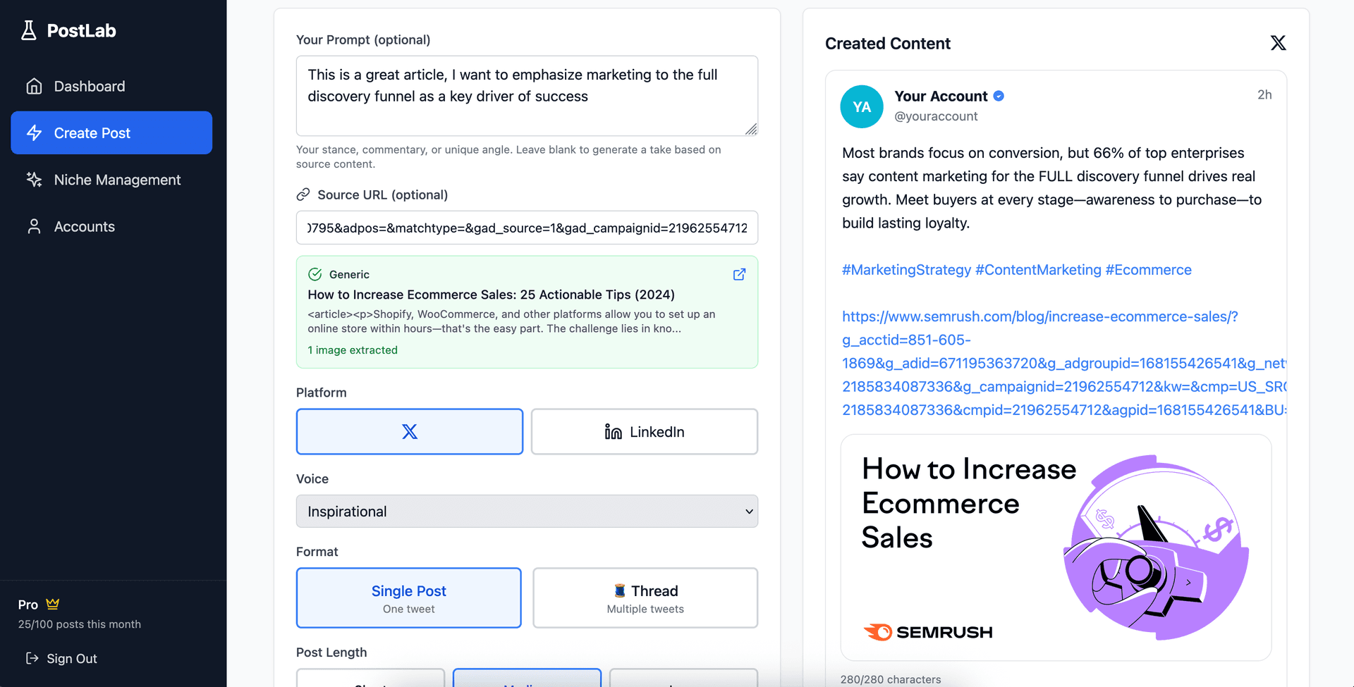 PostLab post generation interface with live preview