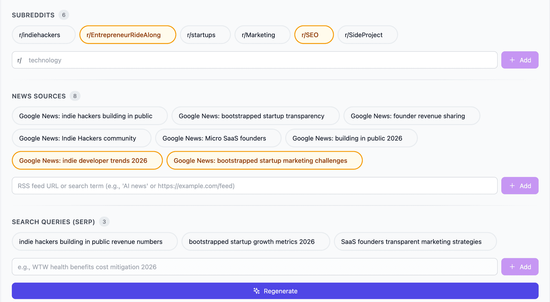 PostLab niche curation settings with subreddits and news sources